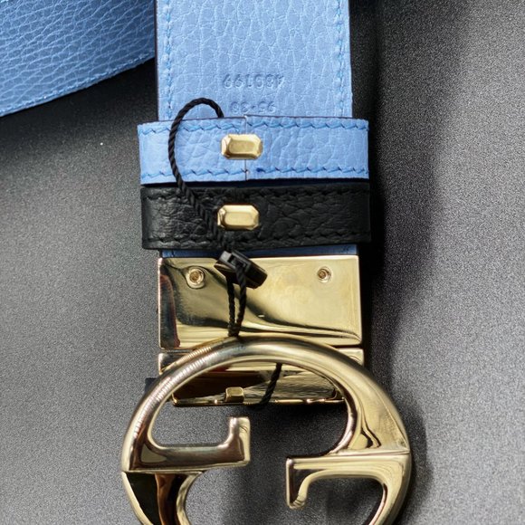 Gucci Black Leather Belt with Gold Buckle and Blue Interior - Picture 5 of 13